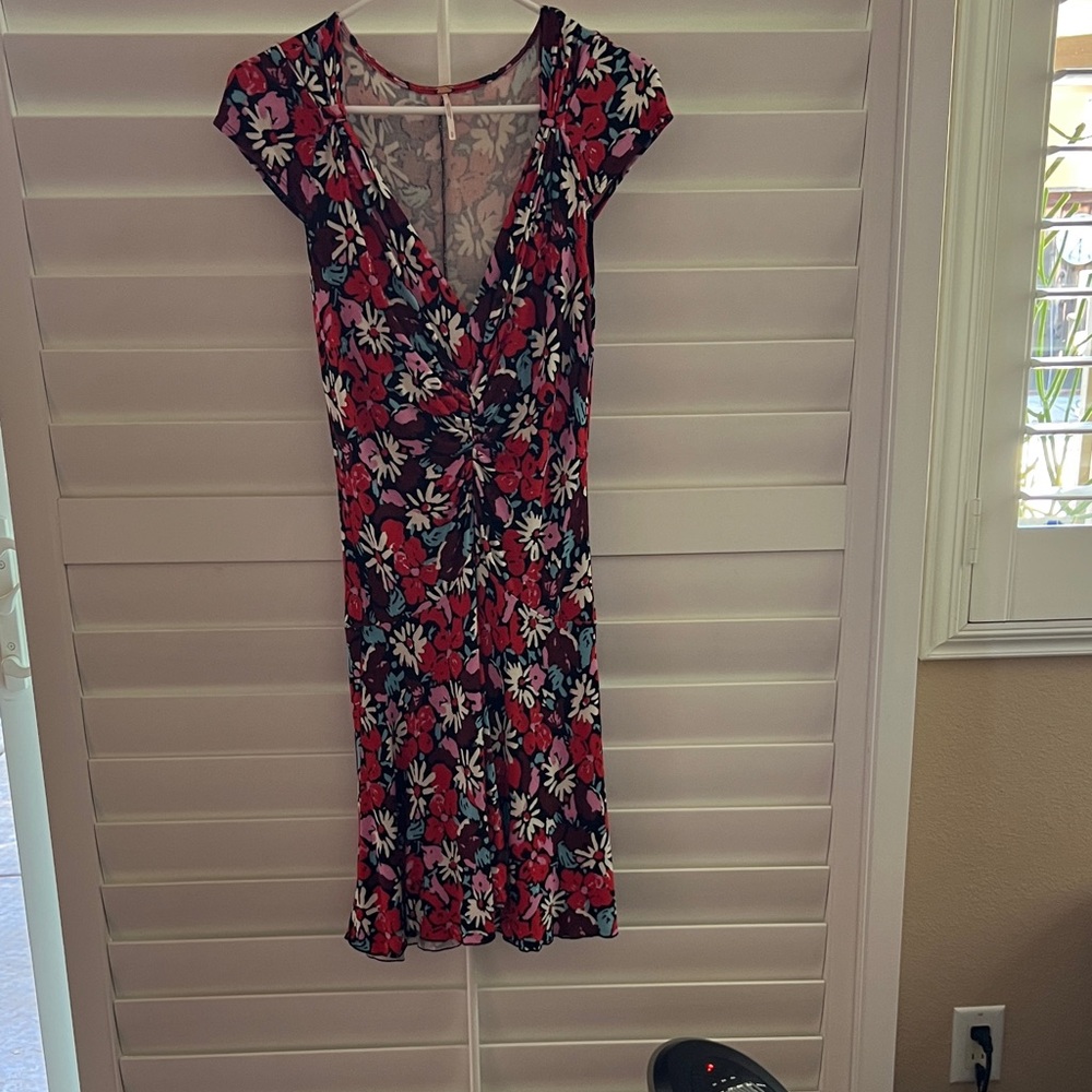 Free People Floral Twist-Front Midi Dress in Navy, Pink and White